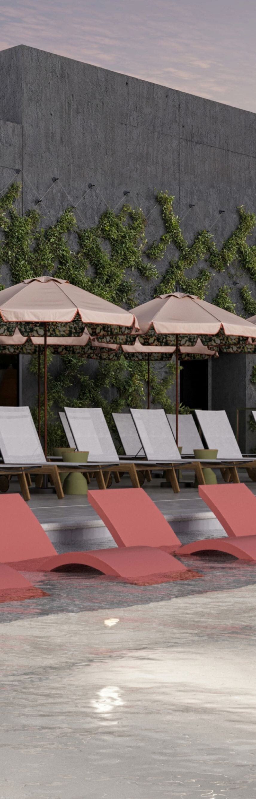 Chairs and cabanas surrounding an outdoor pool