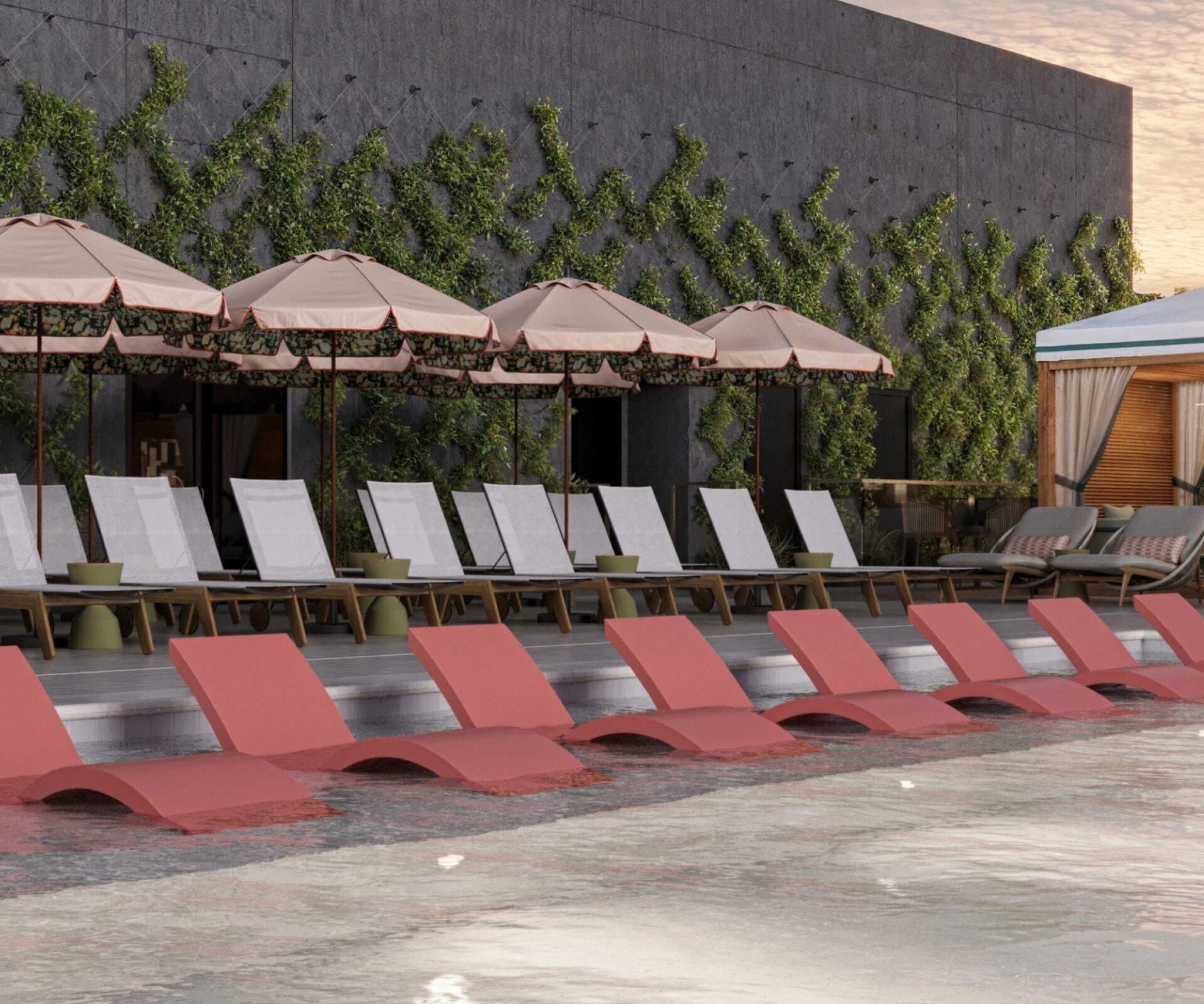 Chairs and cabanas surrounding an outdoor pool