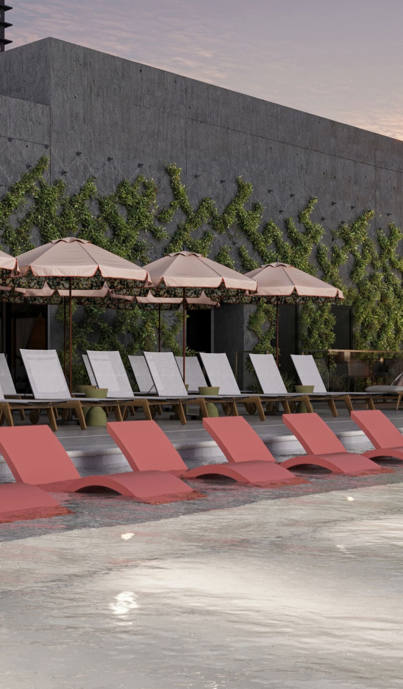 Chairs and cabanas surrounding an outdoor pool