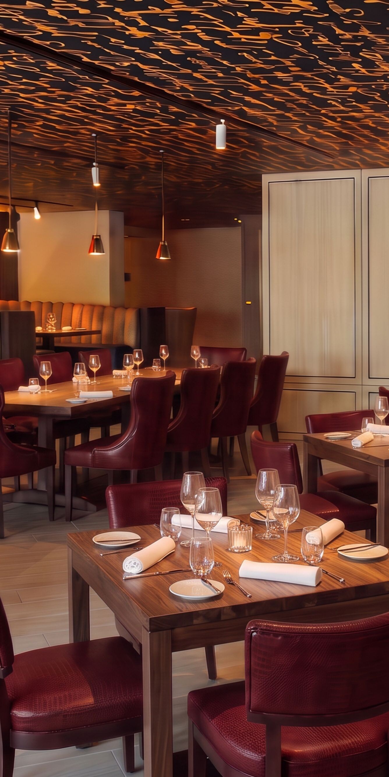 Restaurant with red chairs and script ceiling
