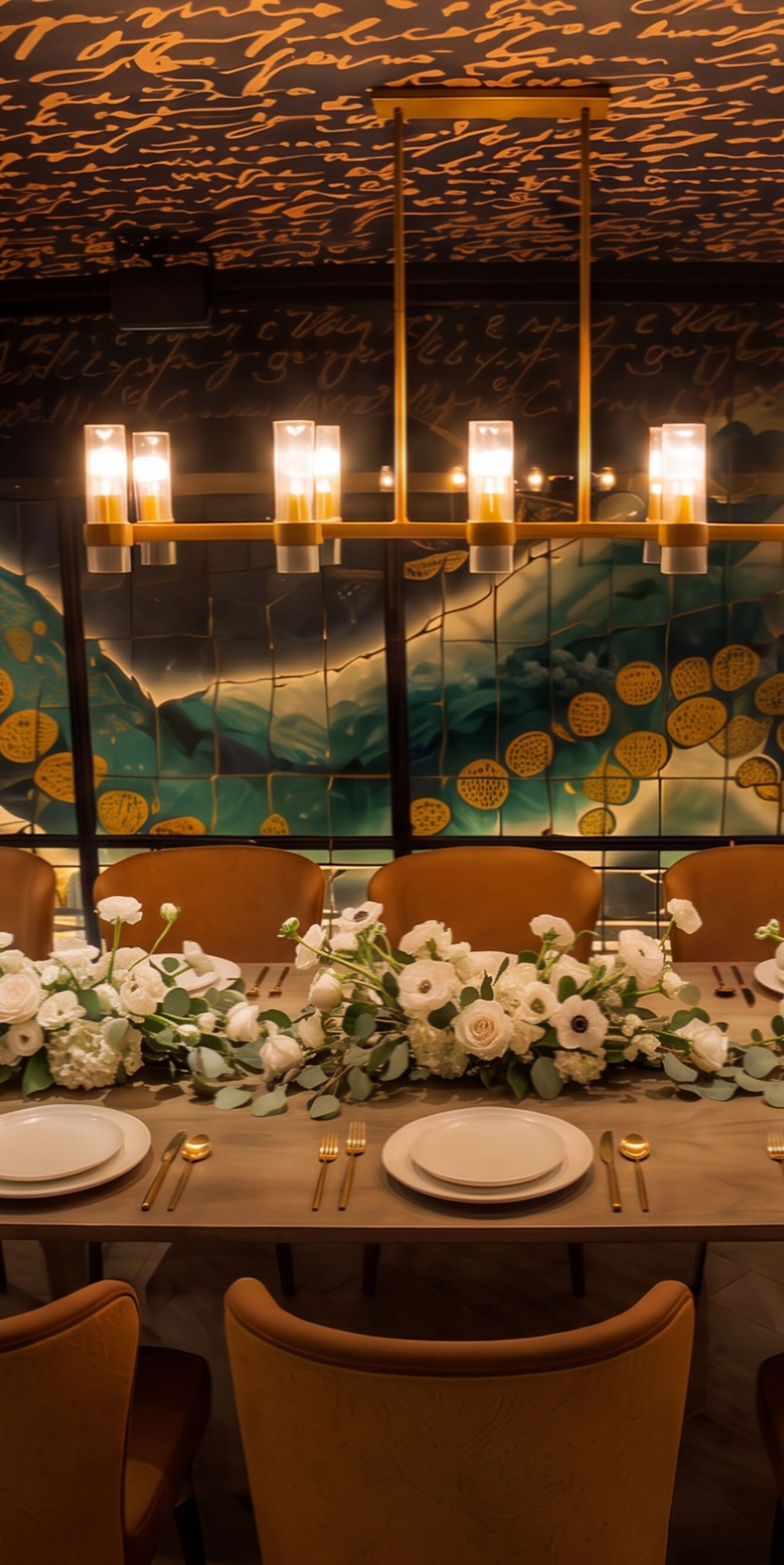 Dining table with floral centerpiece