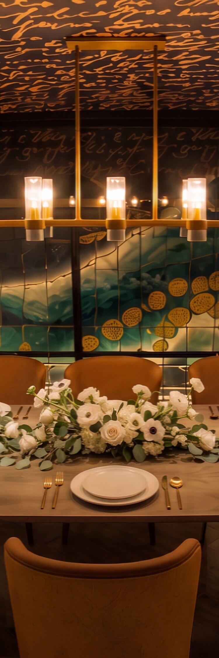 Dining table with floral centerpiece
