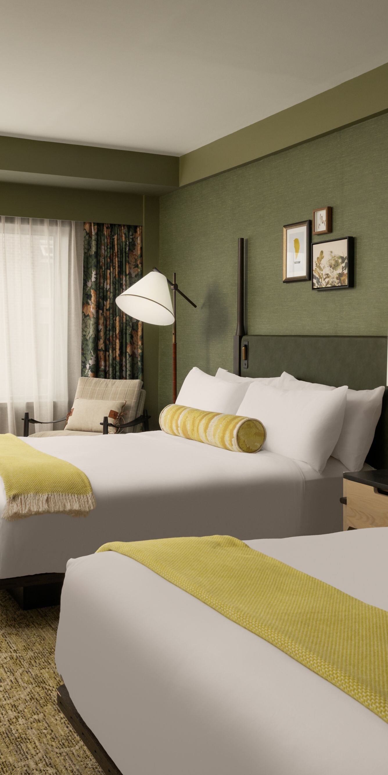 Two queen beds, open floor plan, open armoire 
