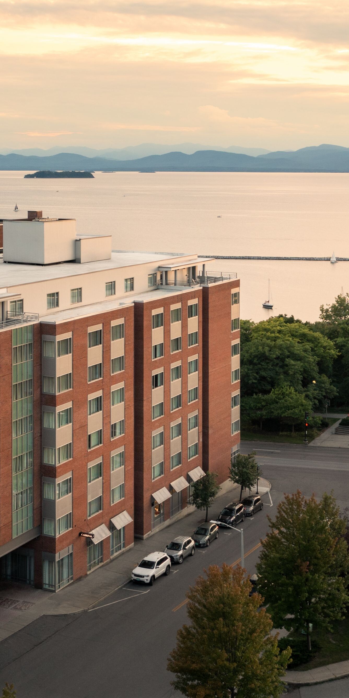 Aerial view of hotel near lake