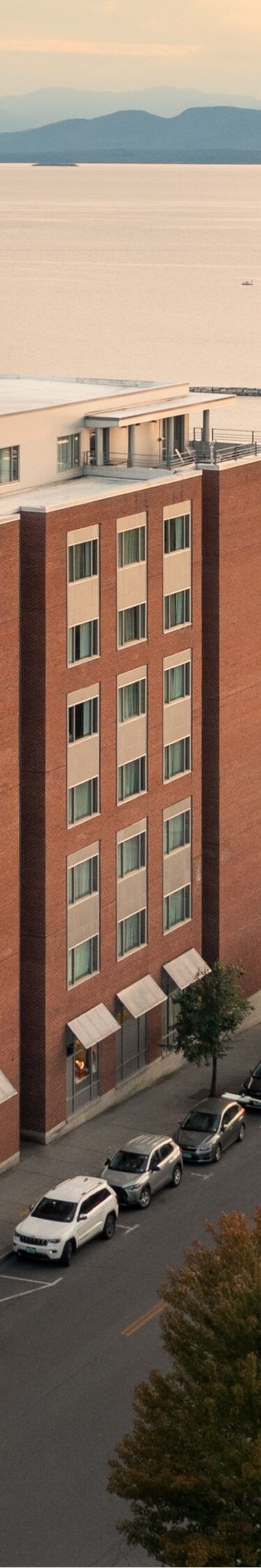 Aerial view of hotel near lake