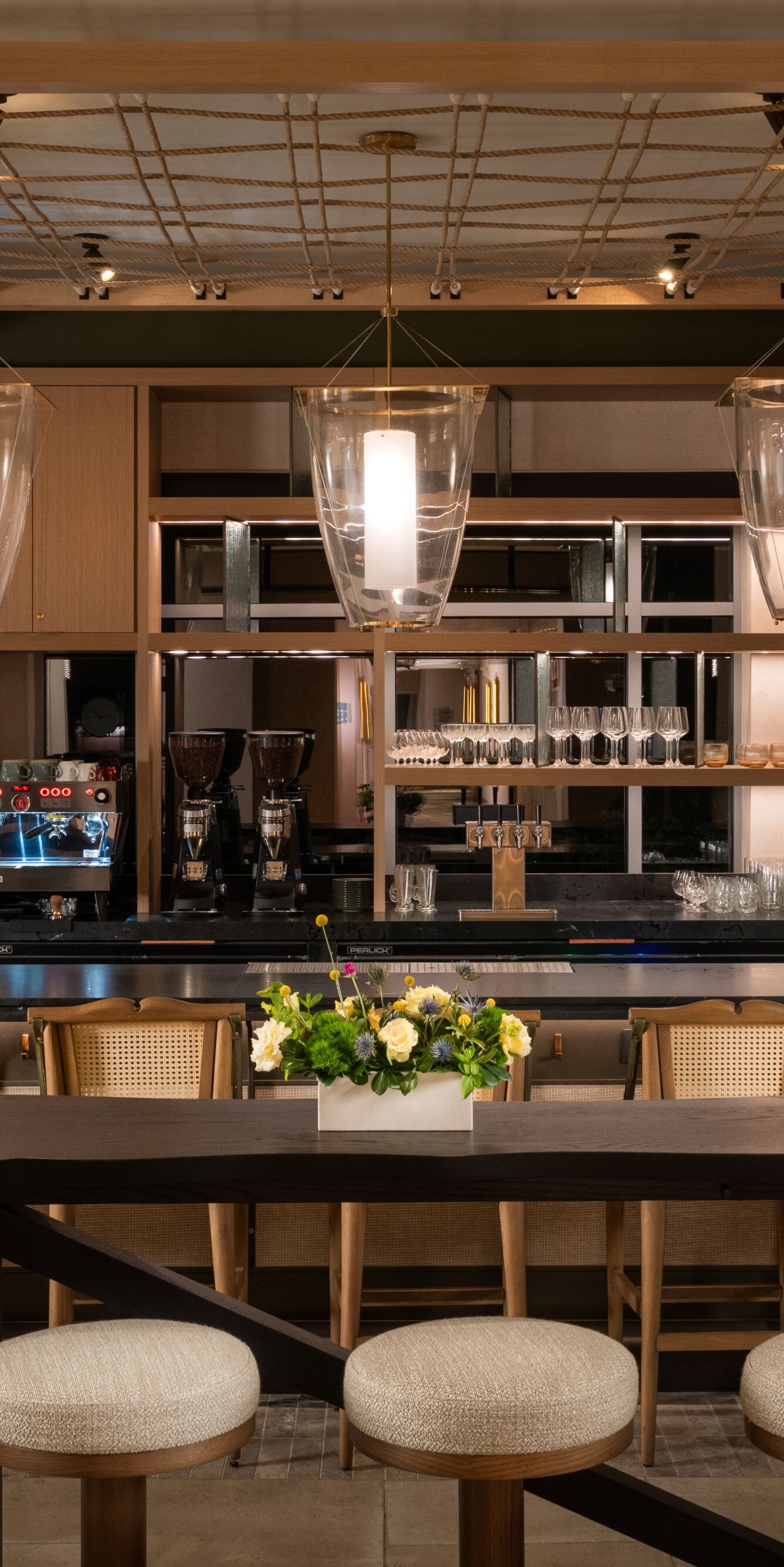 Backlit restaurant bar and bar seating
