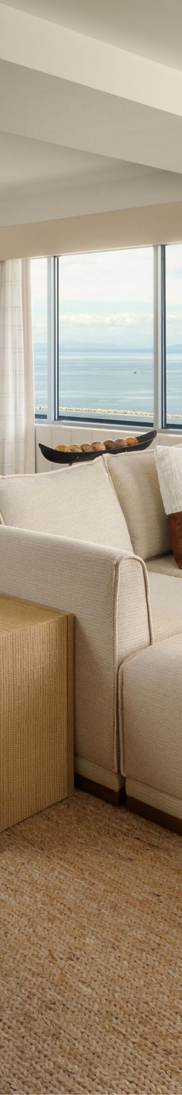 Murphy bed, bookshelves and seating with lake view
