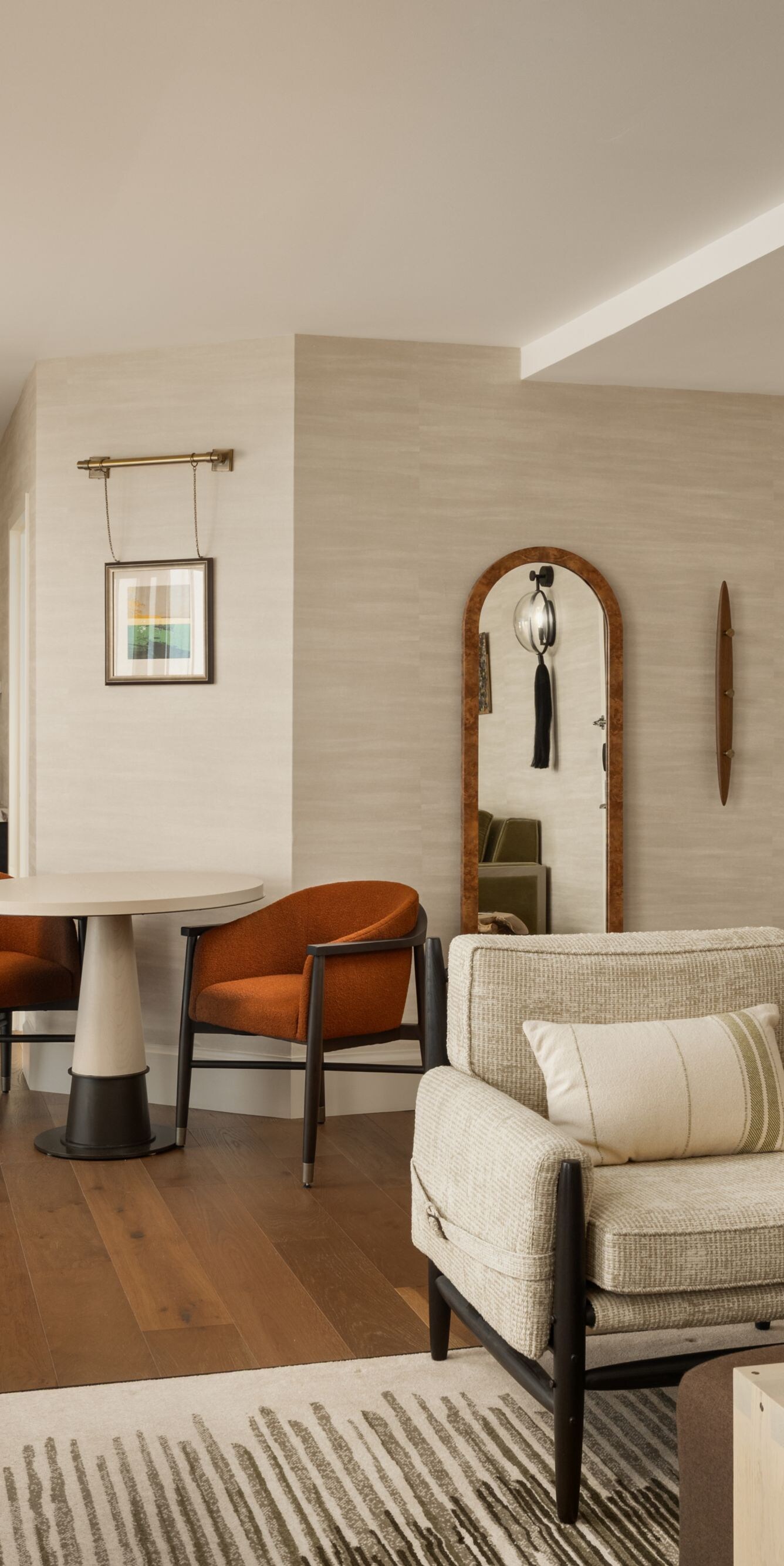 Couch, chair, desk, dining area
