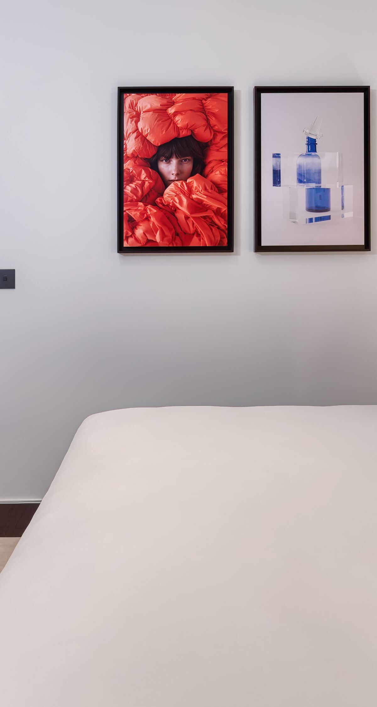bed, wall art and sculptures