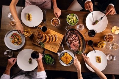 Overhead view of beef wellington feast table