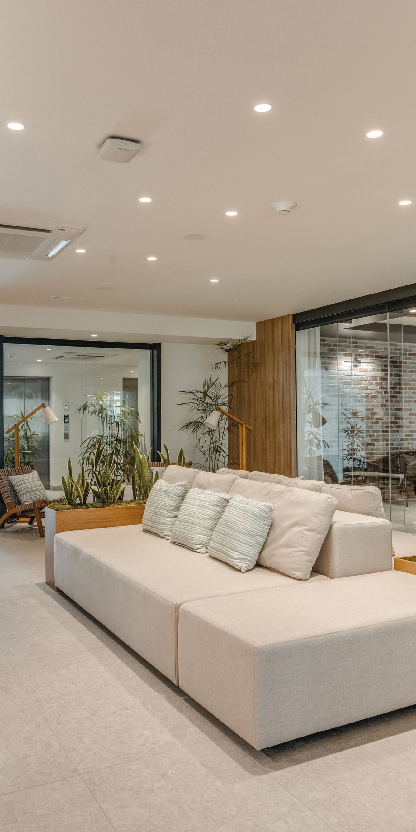 Modern lobby seating area with sofa