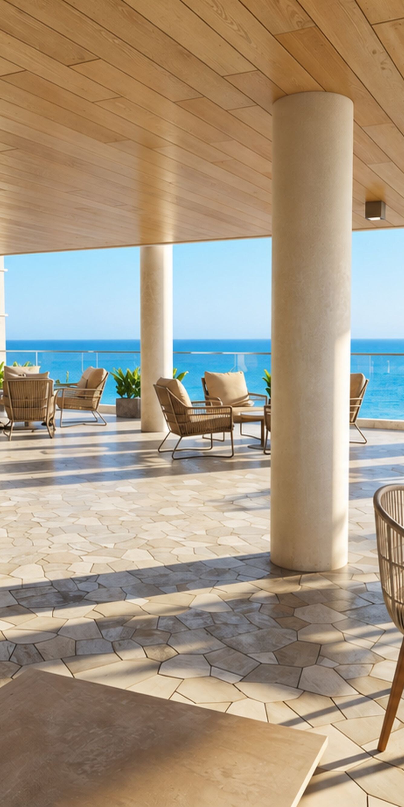 Outdoor terrace with sea views and seating
