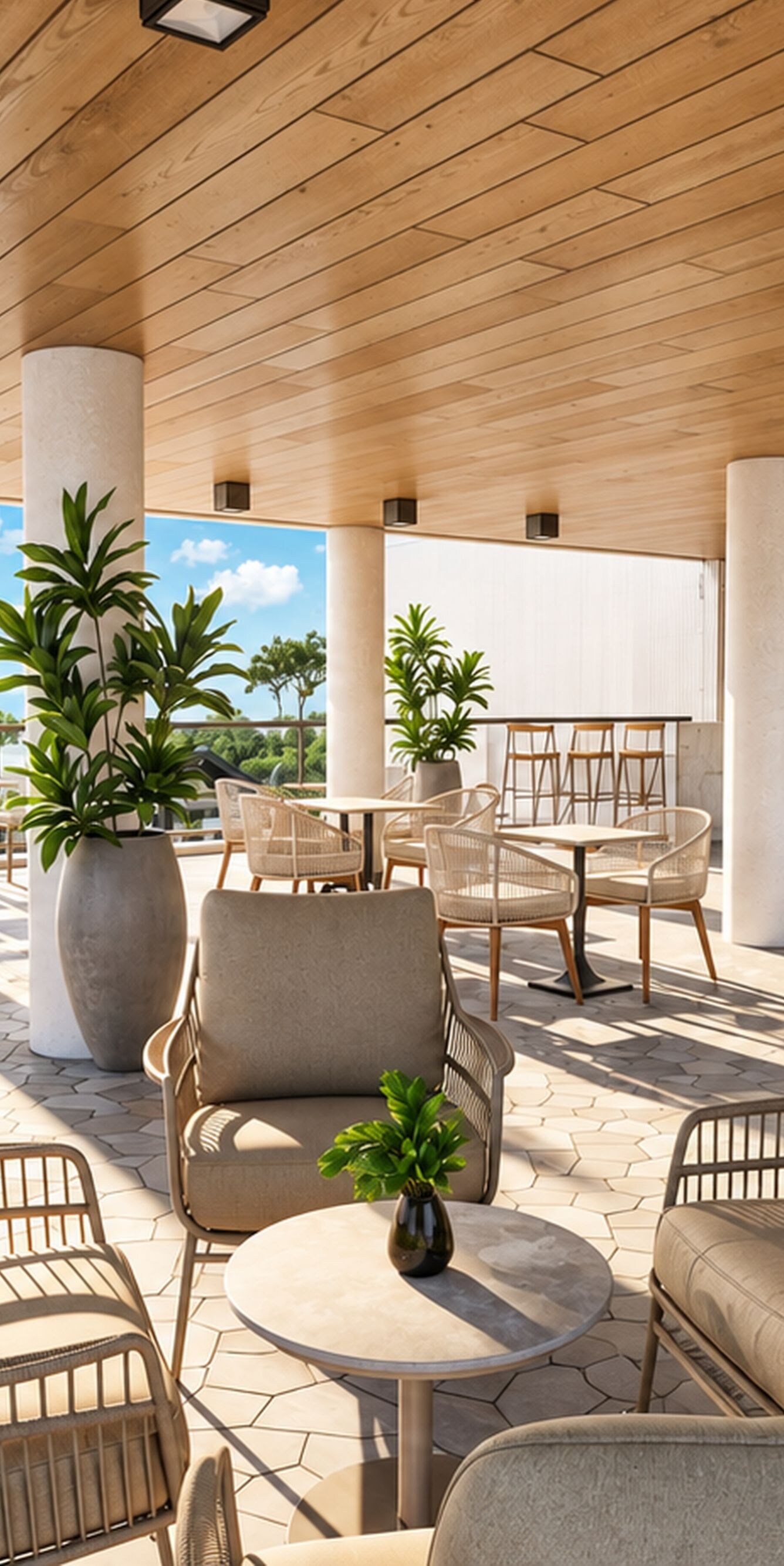 Outdoor terrace with seating and cafe