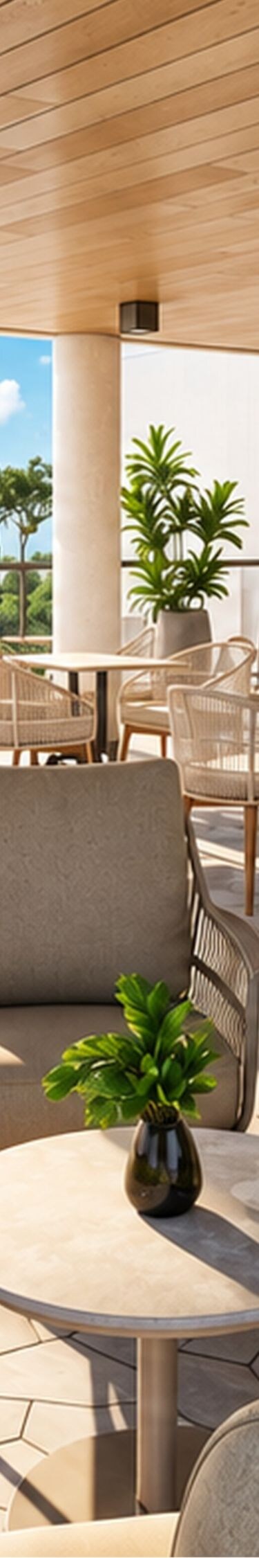 Outdoor terrace with seating and cafe