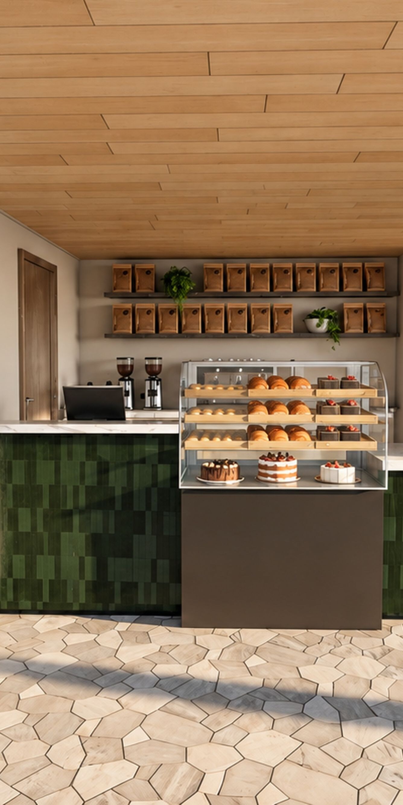 Cafe counter with pastries and seating
