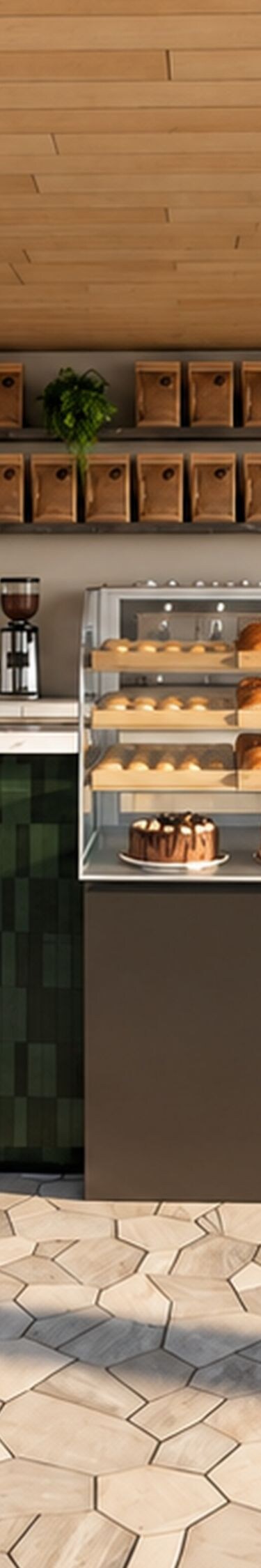 Cafe counter with pastries and seating