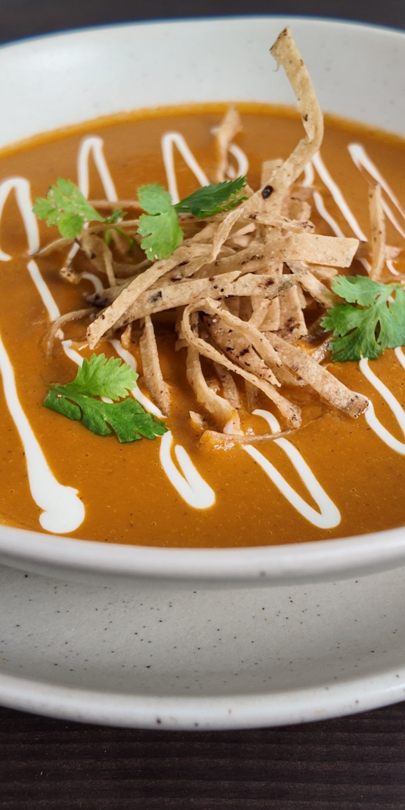 Bowl of tortilla soup with toppings