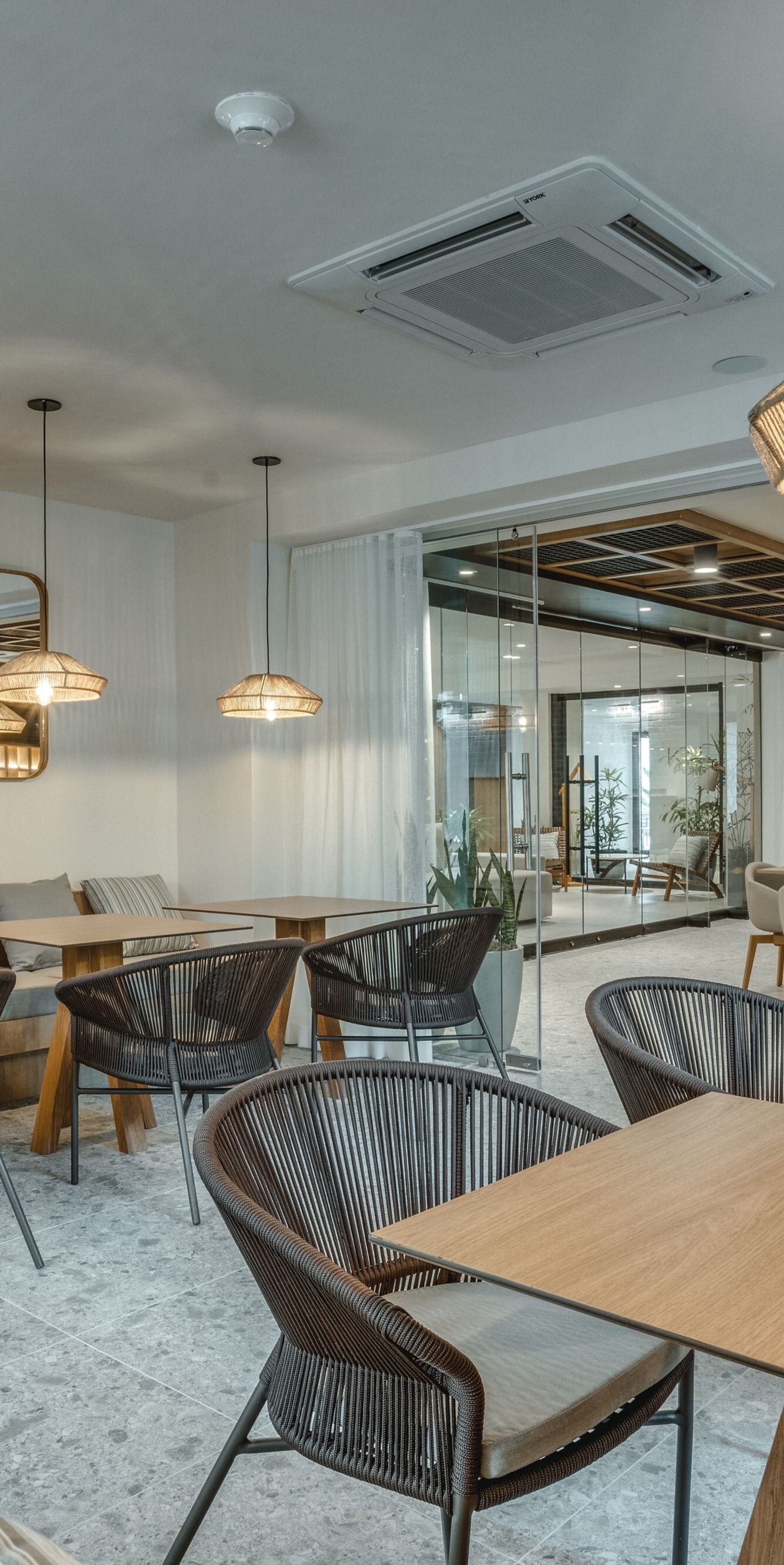 Indoor dining room with wooden tables