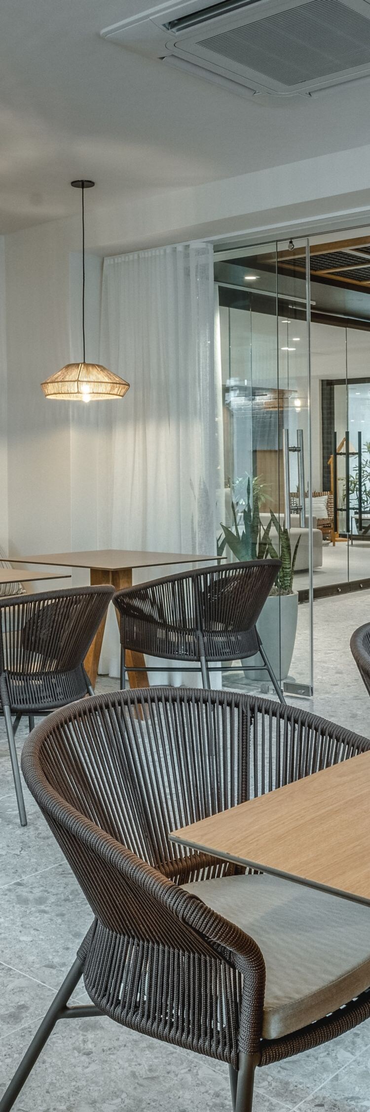 Indoor dining room with wooden tables