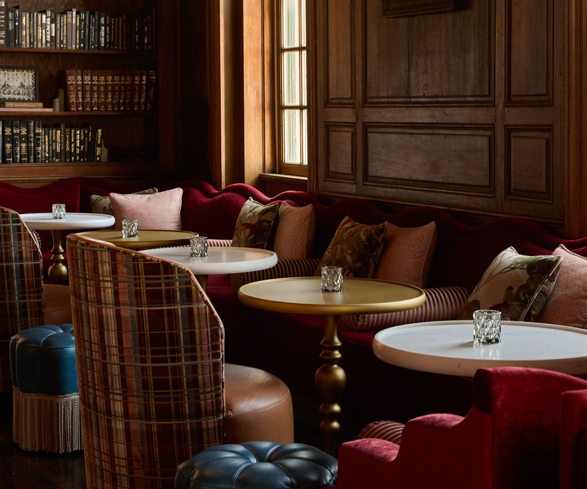 Library lounge with red velvet seating