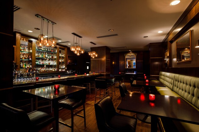 Bar with bar seating and dim lighting