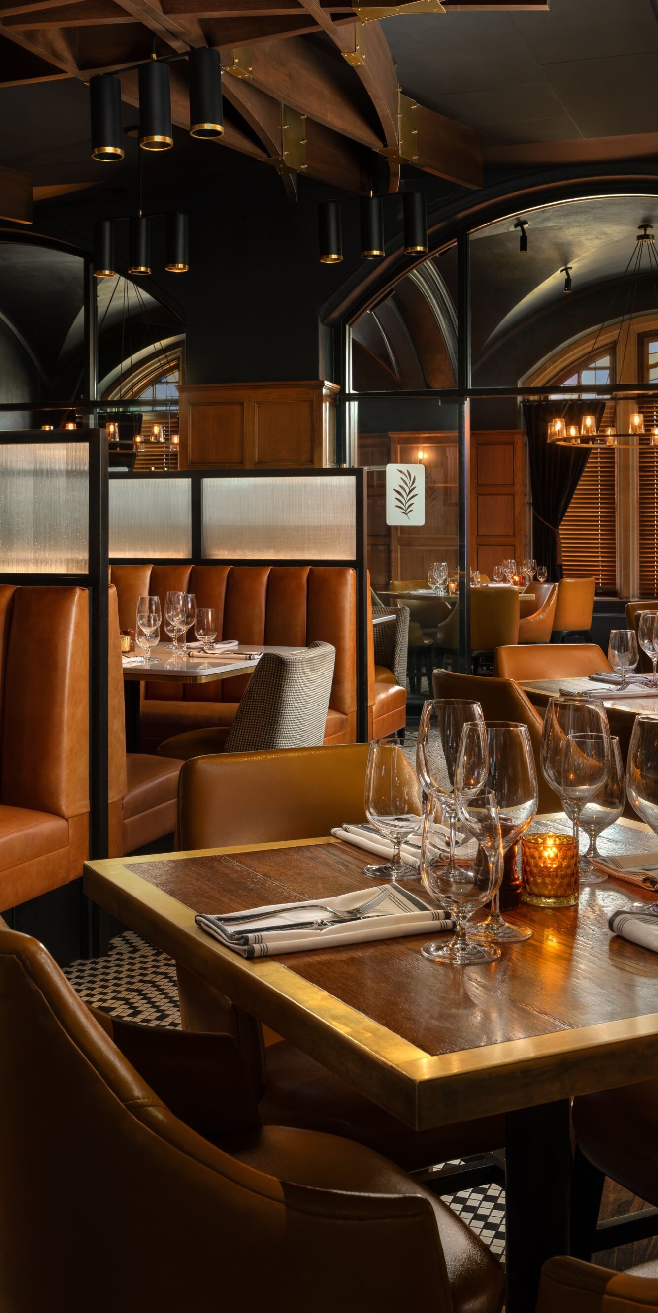 Restaurant dining room with warm lighting