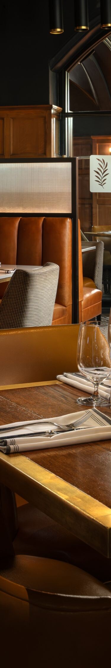 Restaurant dining room with warm lighting