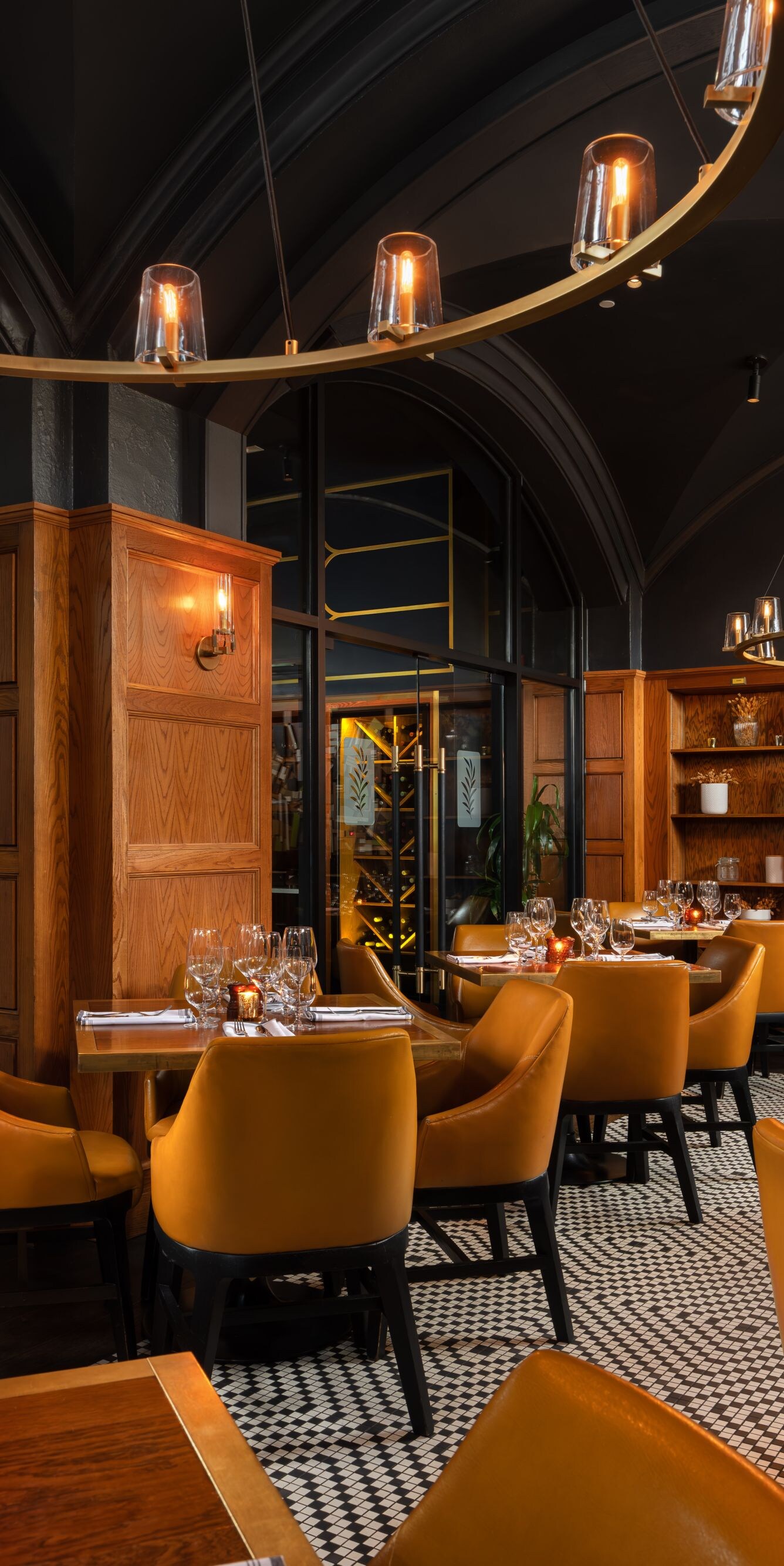 Restaurant dining room with warm lighting