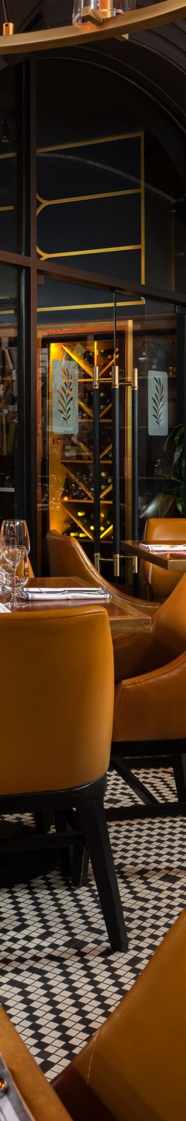 Restaurant dining room with warm lighting