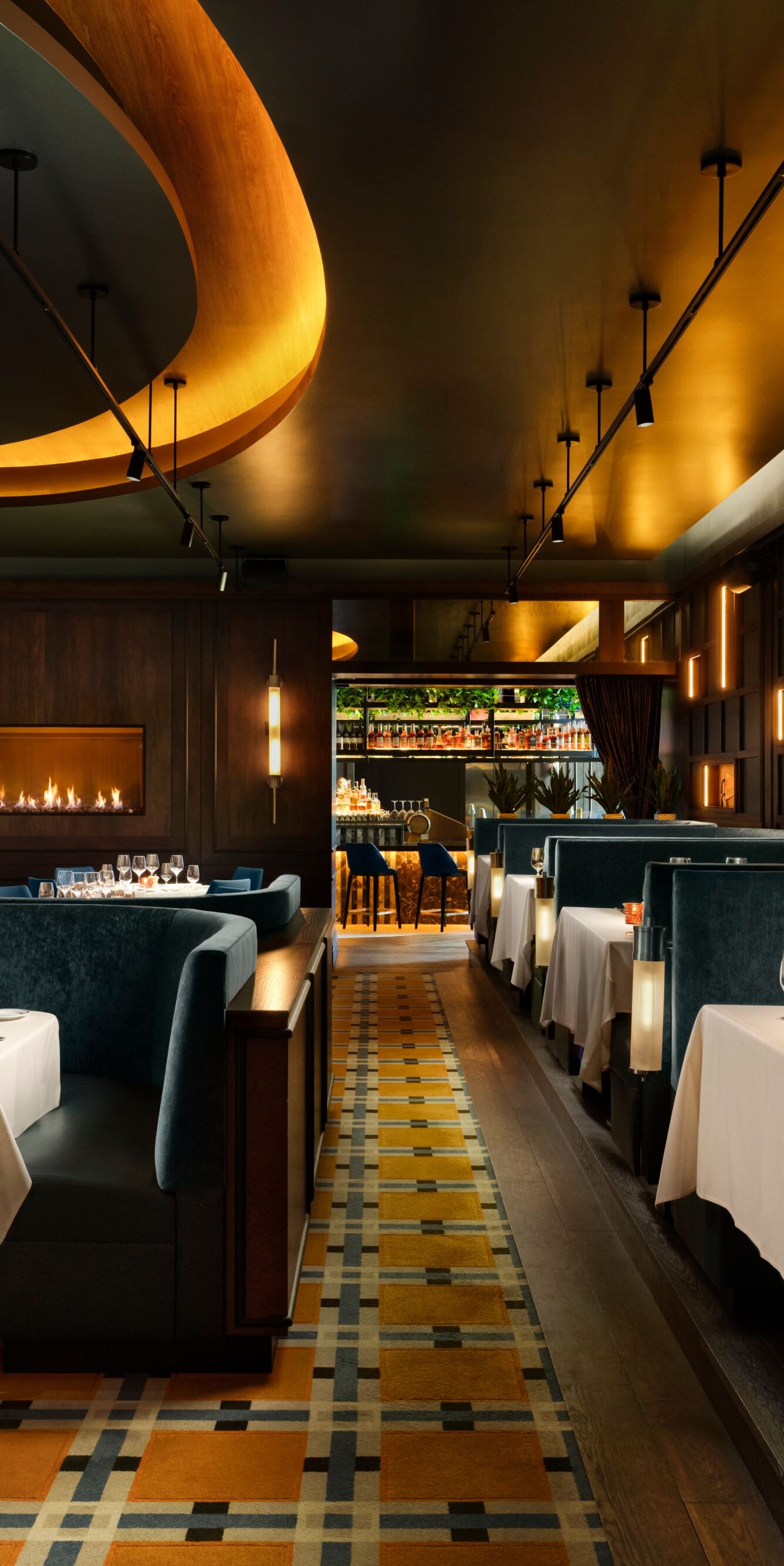 Restaurant dining room with warm lighting