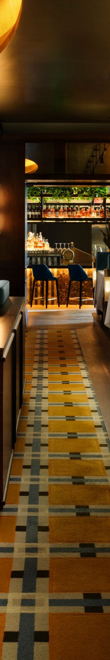 Restaurant dining room with warm lighting