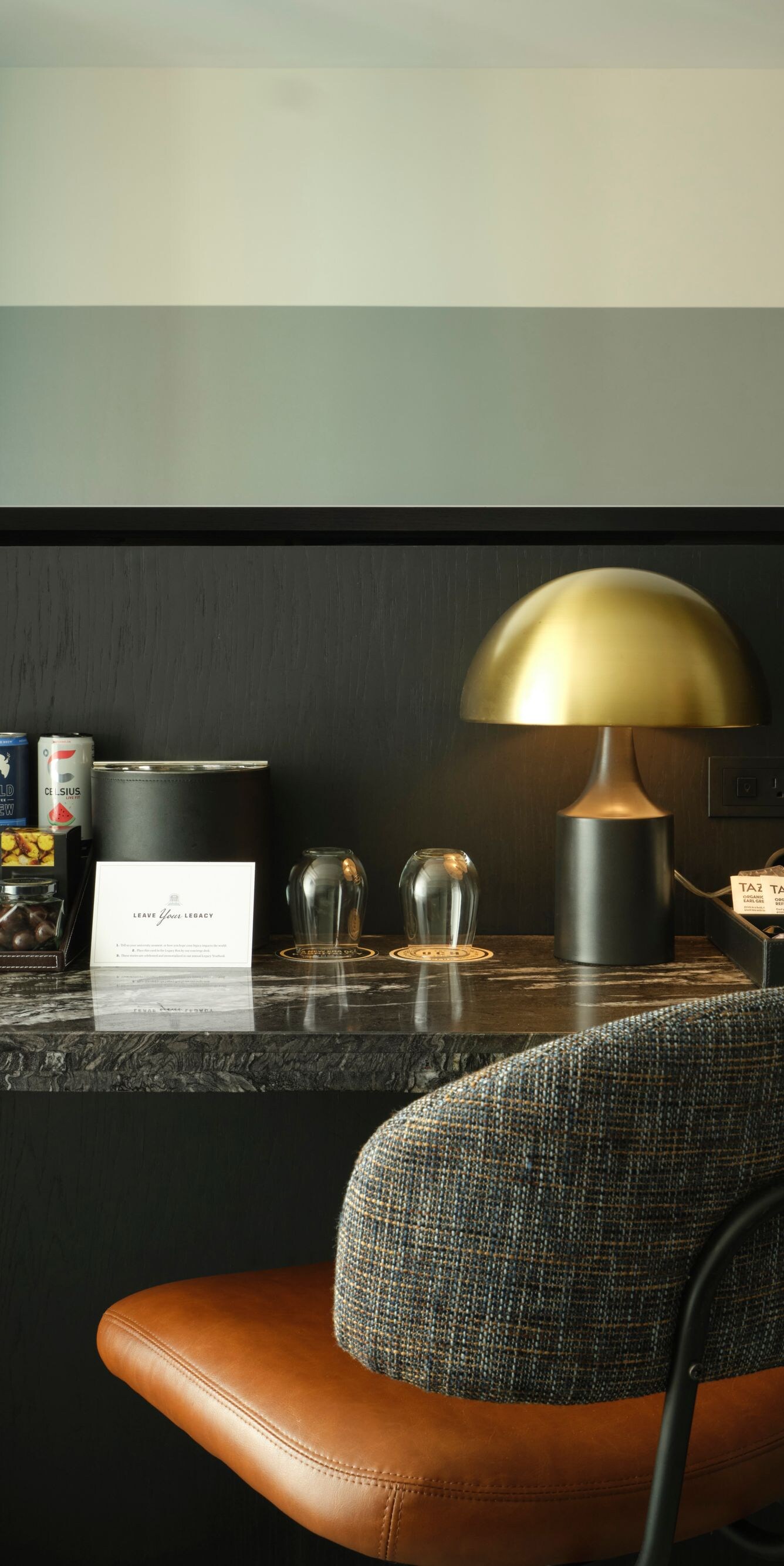 Minibar on desk with chair