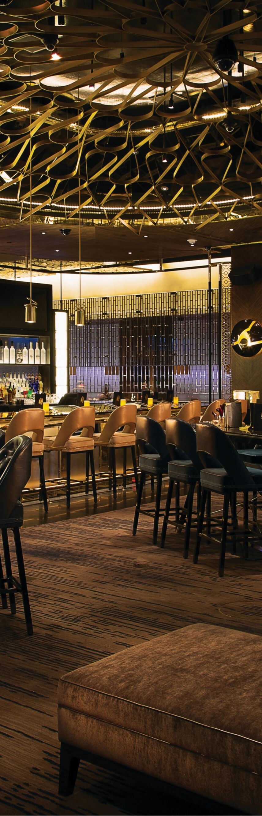 Bar, stools, tables, chairs, sofa seating