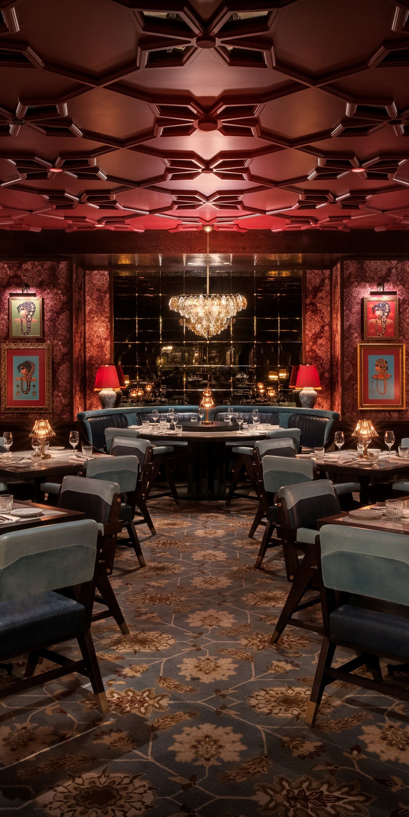 Tables, chairs, booths in dining room.