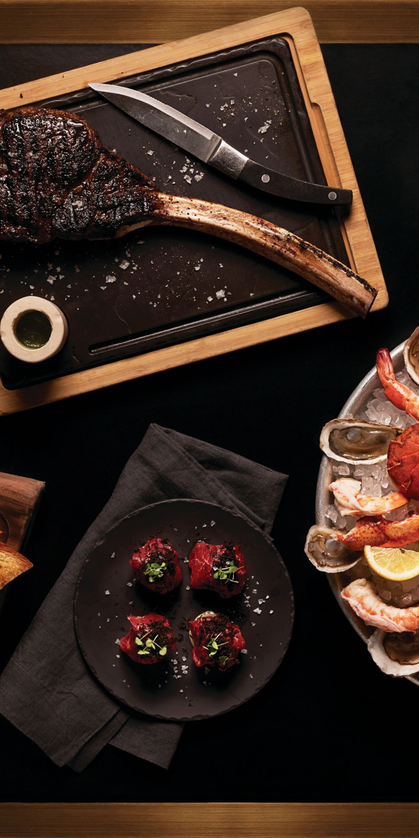 Bone, steak on bone, oysters, other food dishes.