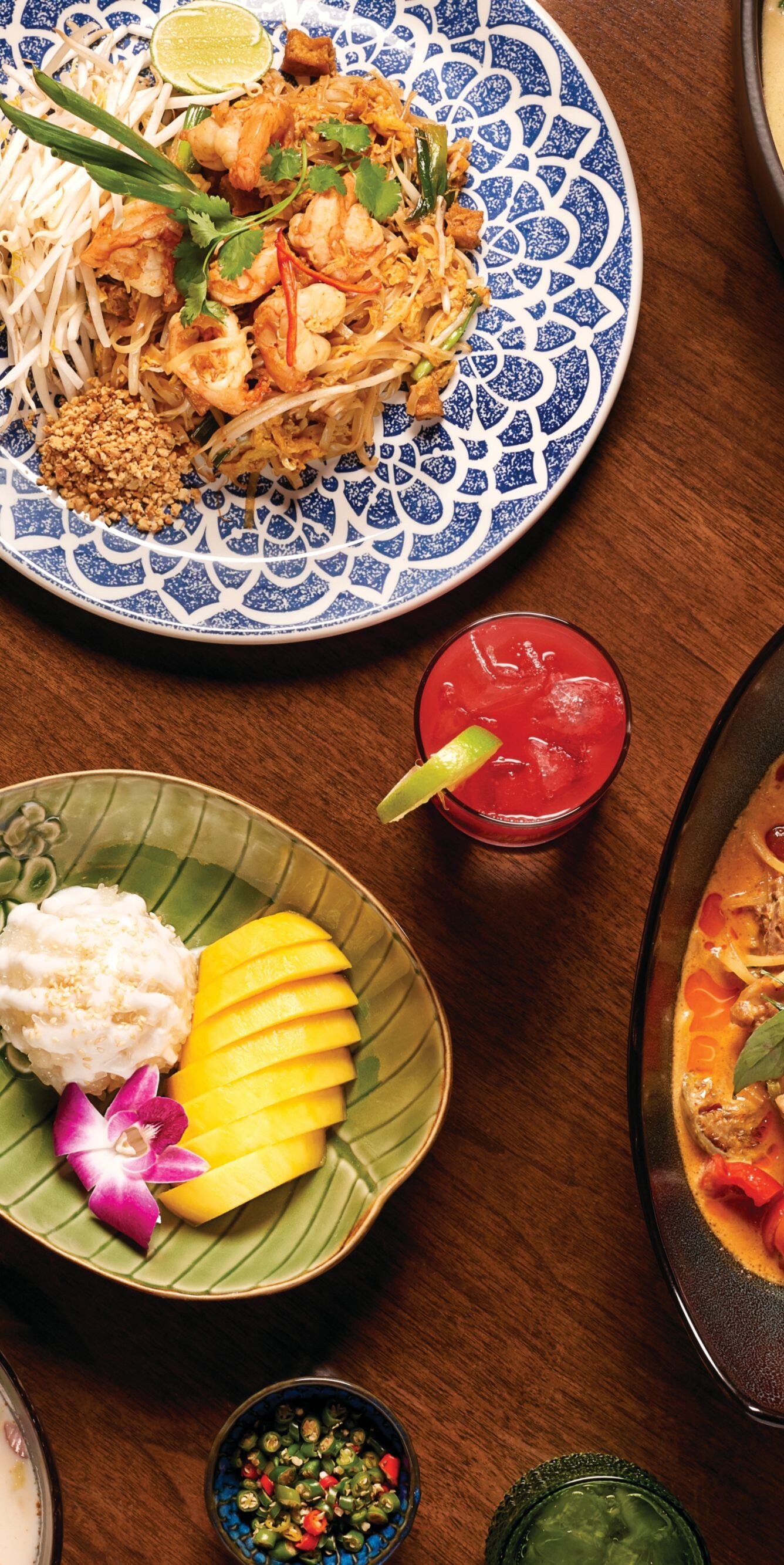 Various Thai food dishes and sauces.