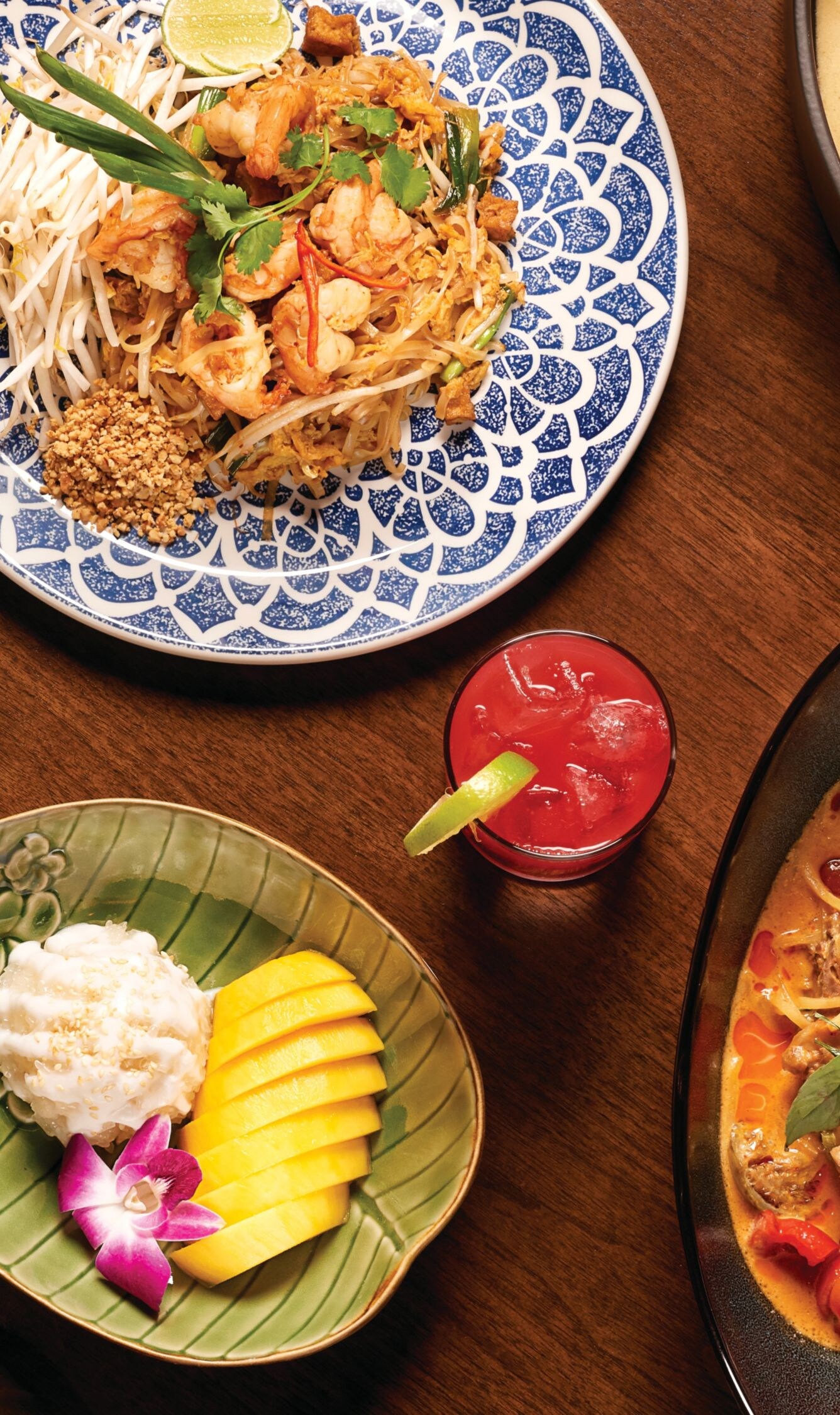Various Thai food dishes and sauces.