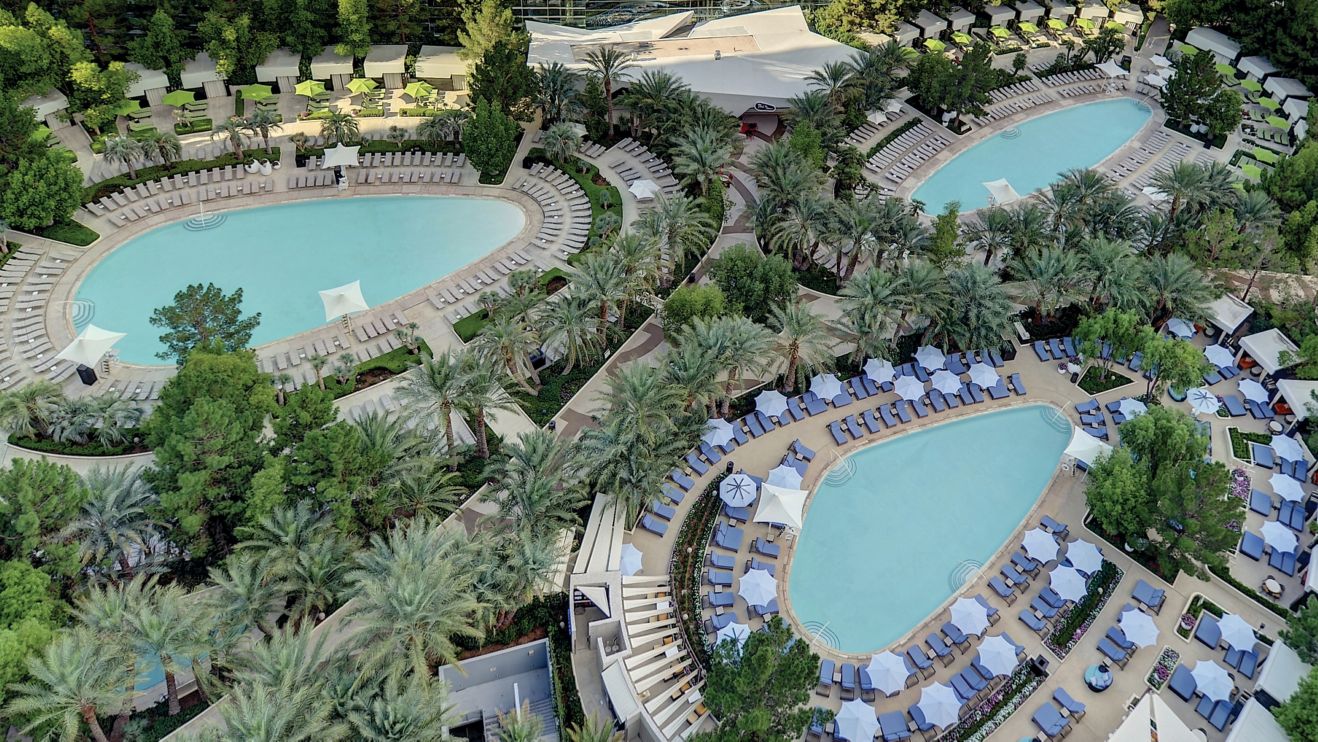 Aerial view of ARIA's three pools
