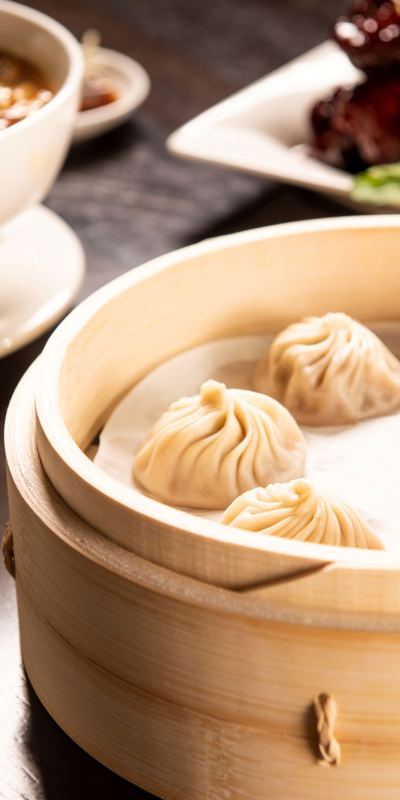 Soup dumplings, bowl of noodles, other food