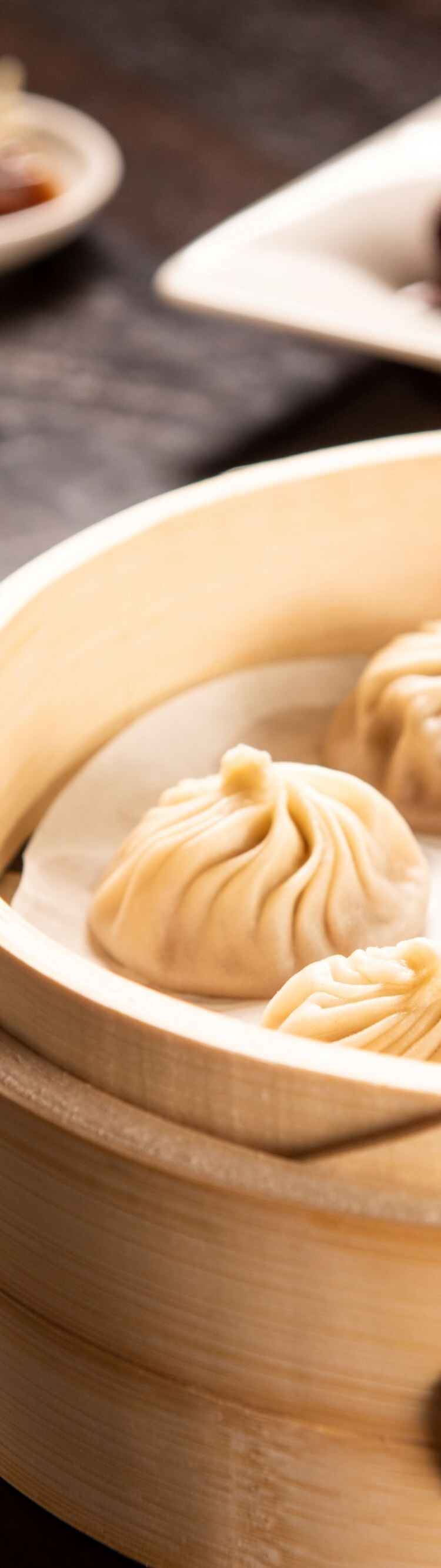 Soup dumplings, bowl of noodles, other food