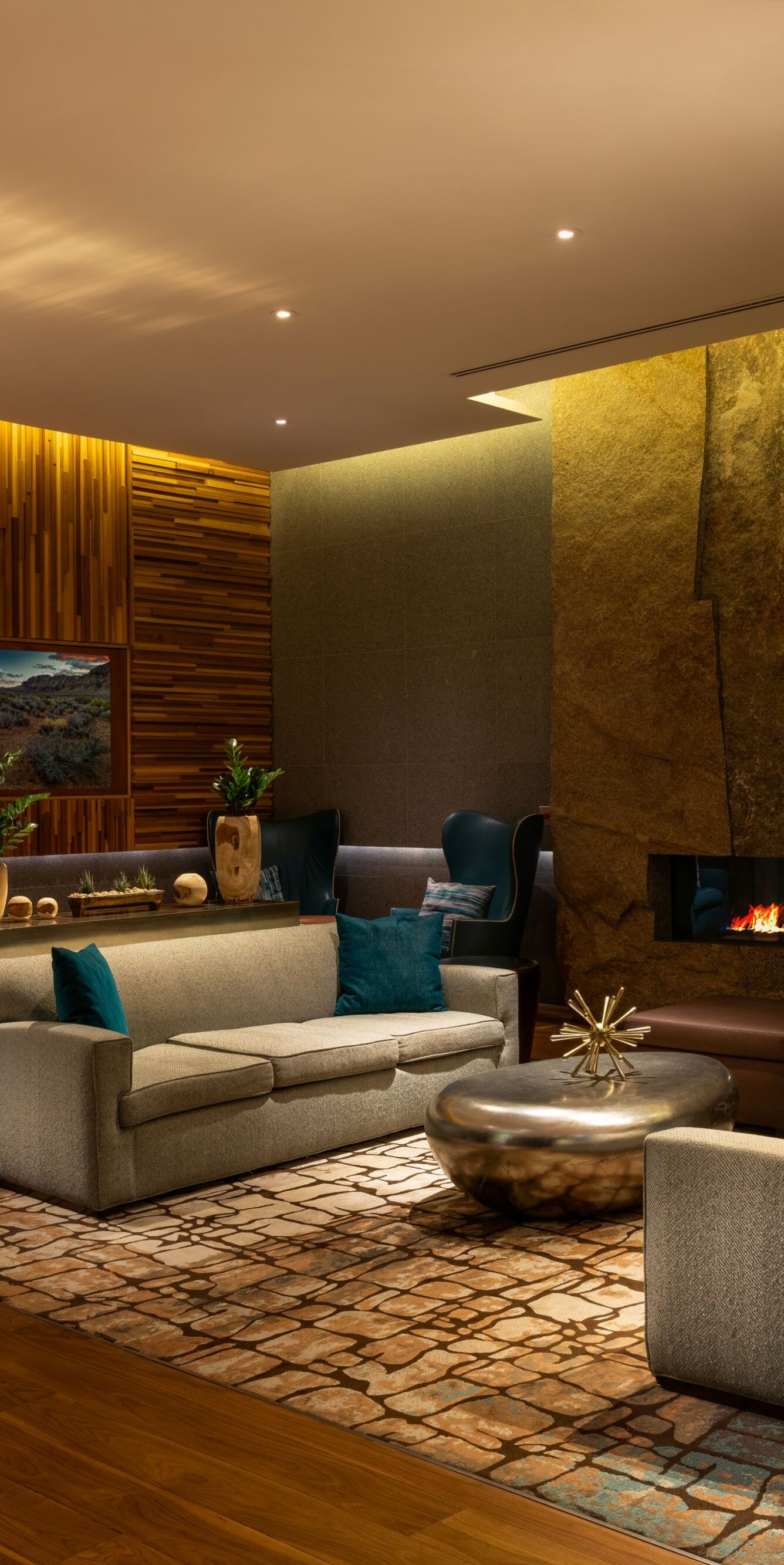 Sofa, chairs, tables, fireplace