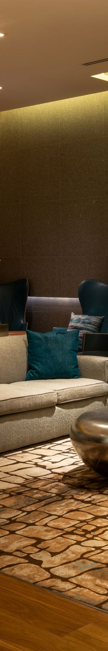 Sofa, chairs, tables, fireplace