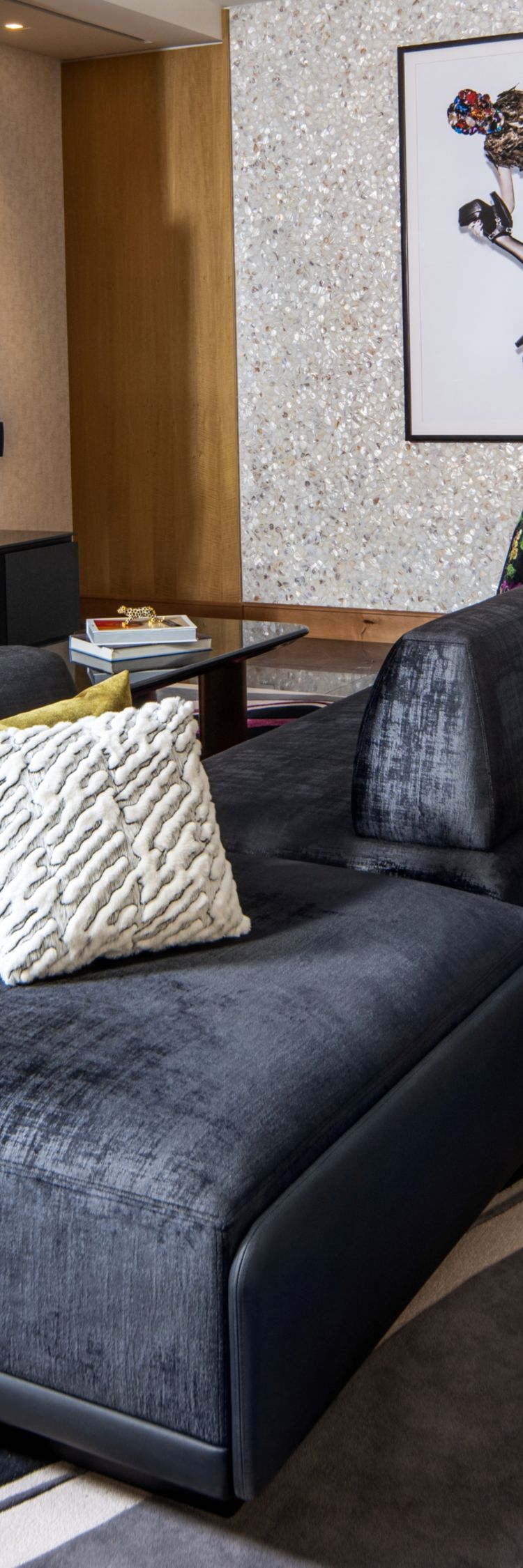 Window, TV, sofa, bedroom, bar chairs.