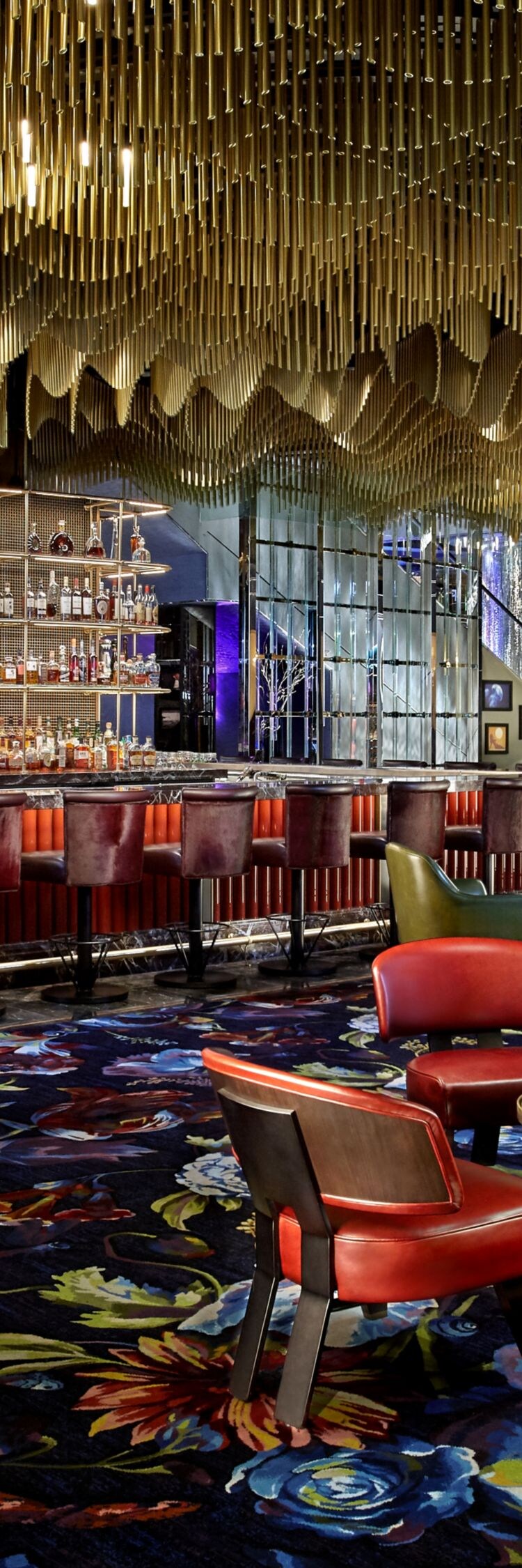 Sofa seating, chairs, tables, bar area.