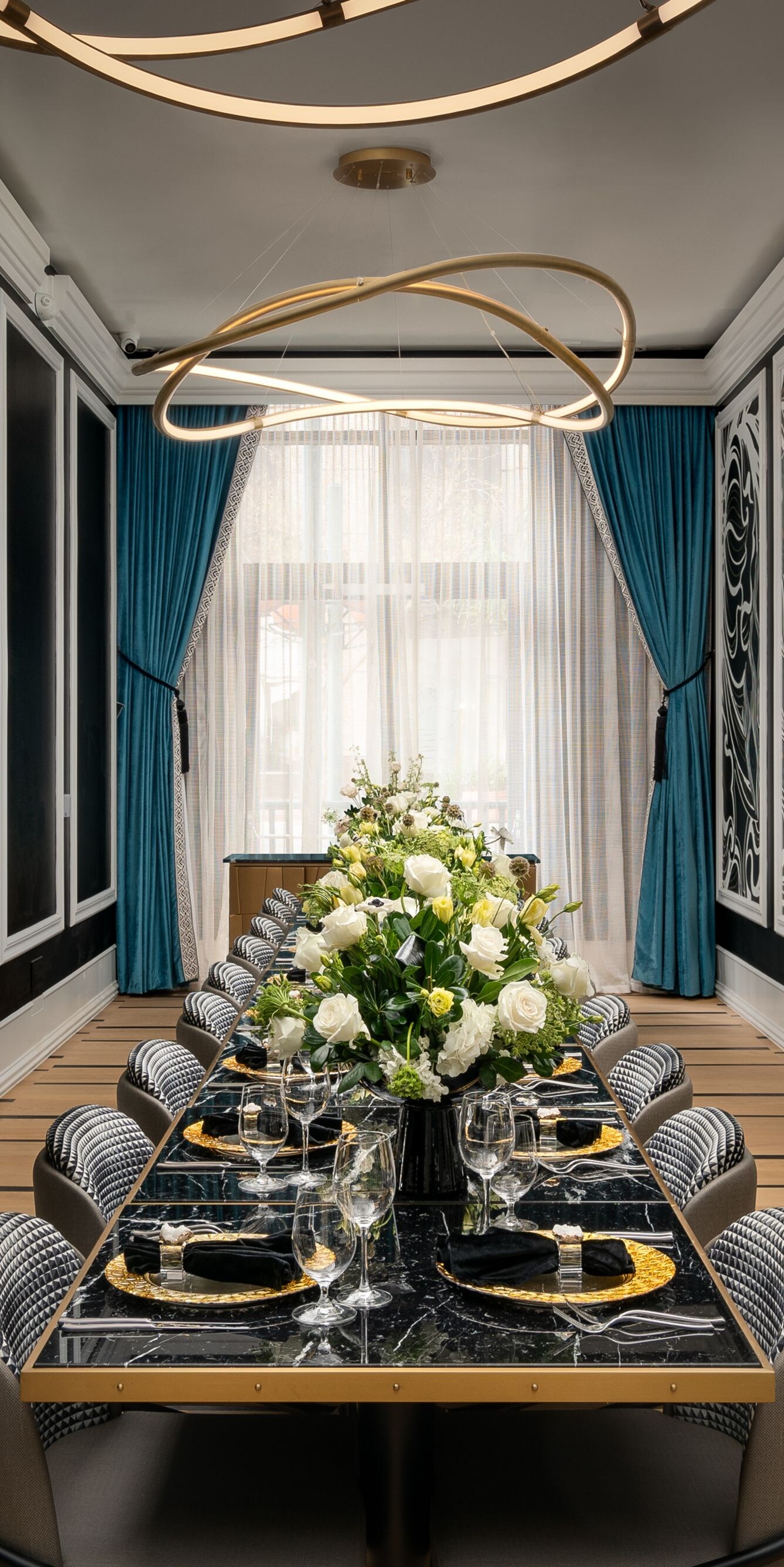 Table with gold, black, and florals
