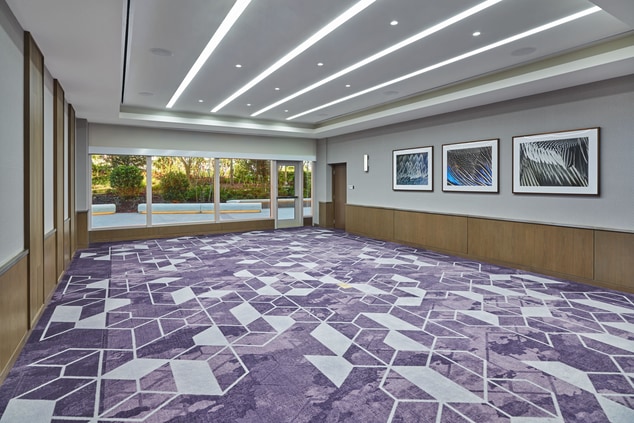 image of a meeting room with purple carpet