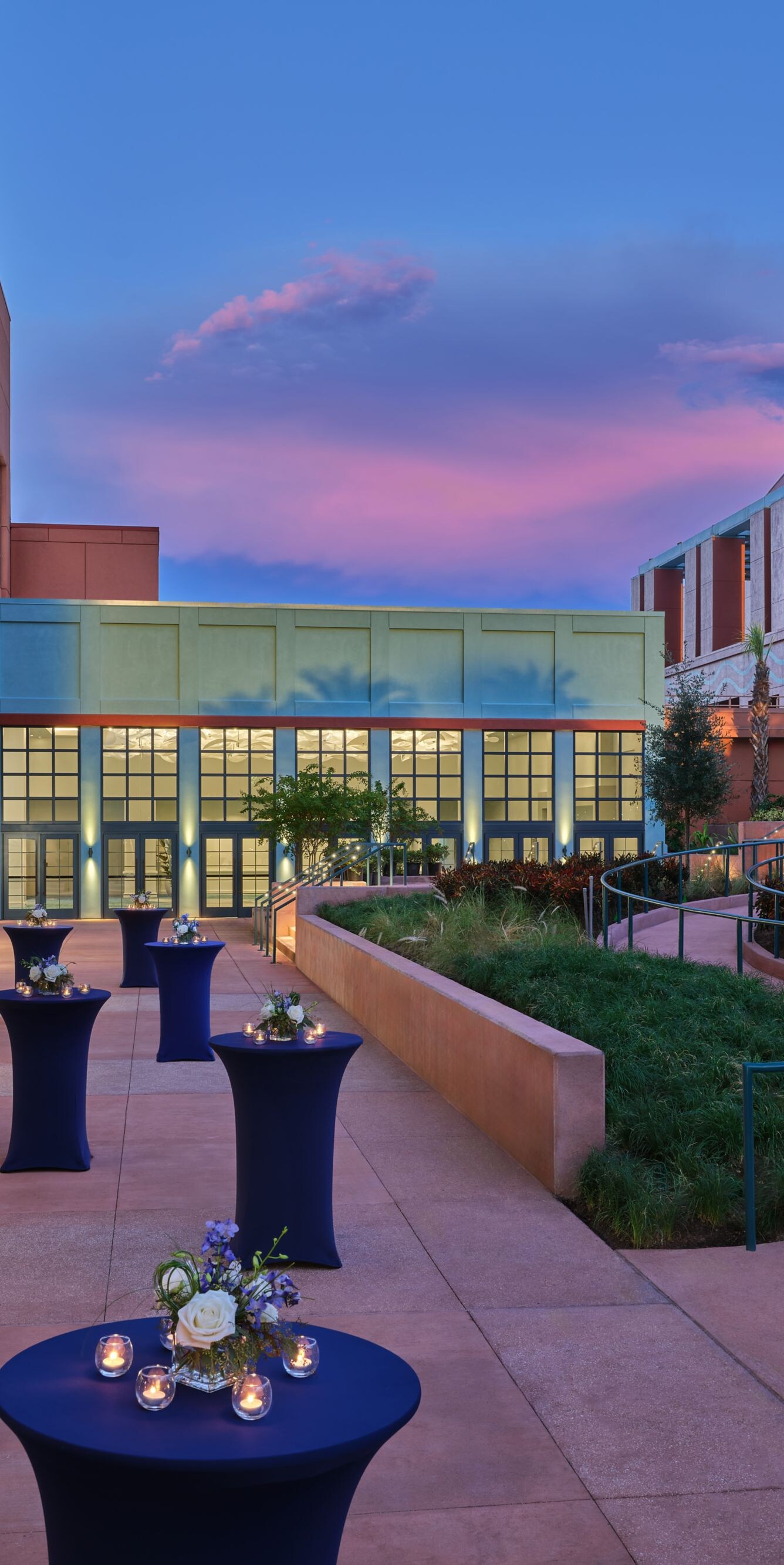 Outdoor reception walkway at sunset