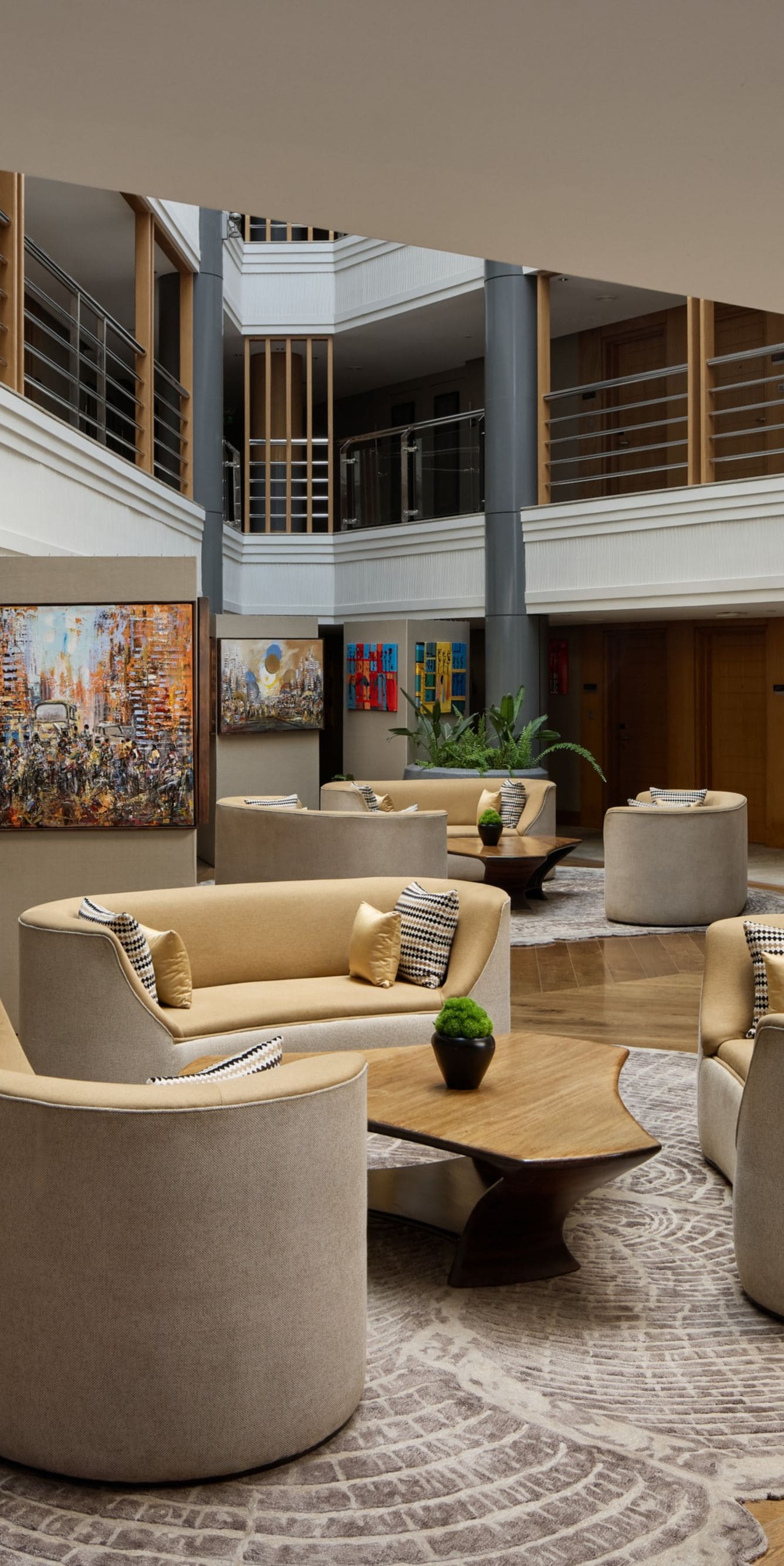 Art collection with a seating area