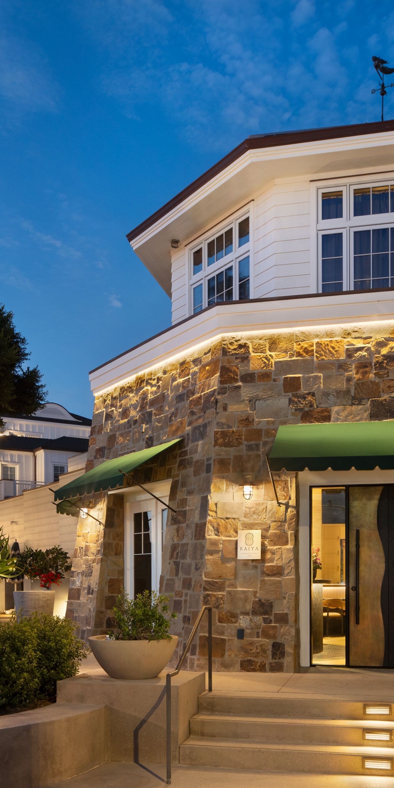 Stone building exterior at twilight