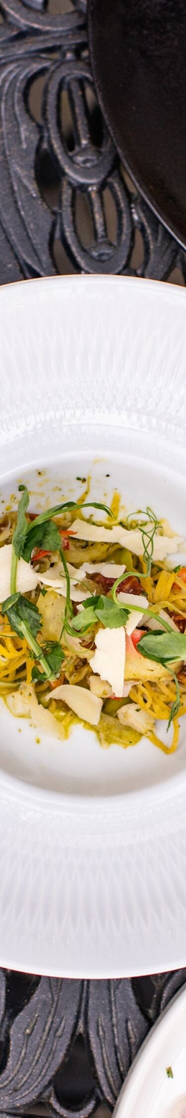 Multiple colorful dinner dishes